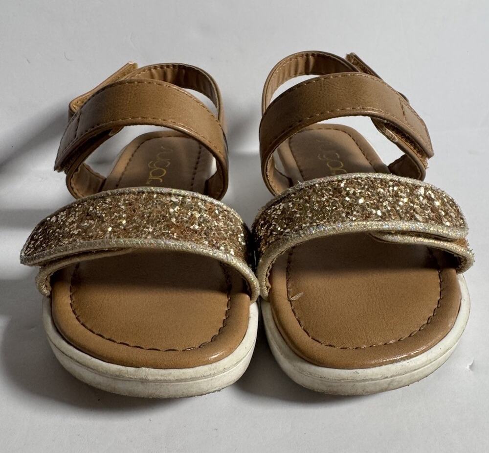 Sugar Girls Toddler Size 9 Gold Glitter Tan Strappy Sandals Hook Loop
